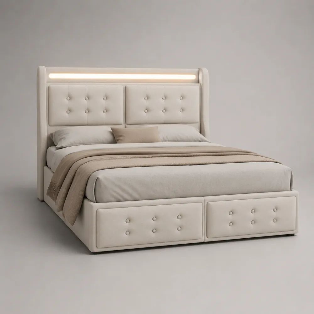 Stauraumbett Polsterbett 180 x 200 cm mit 2 Schubladen, LED-Kopfteil und Polyesterbezug, Cremeweiß