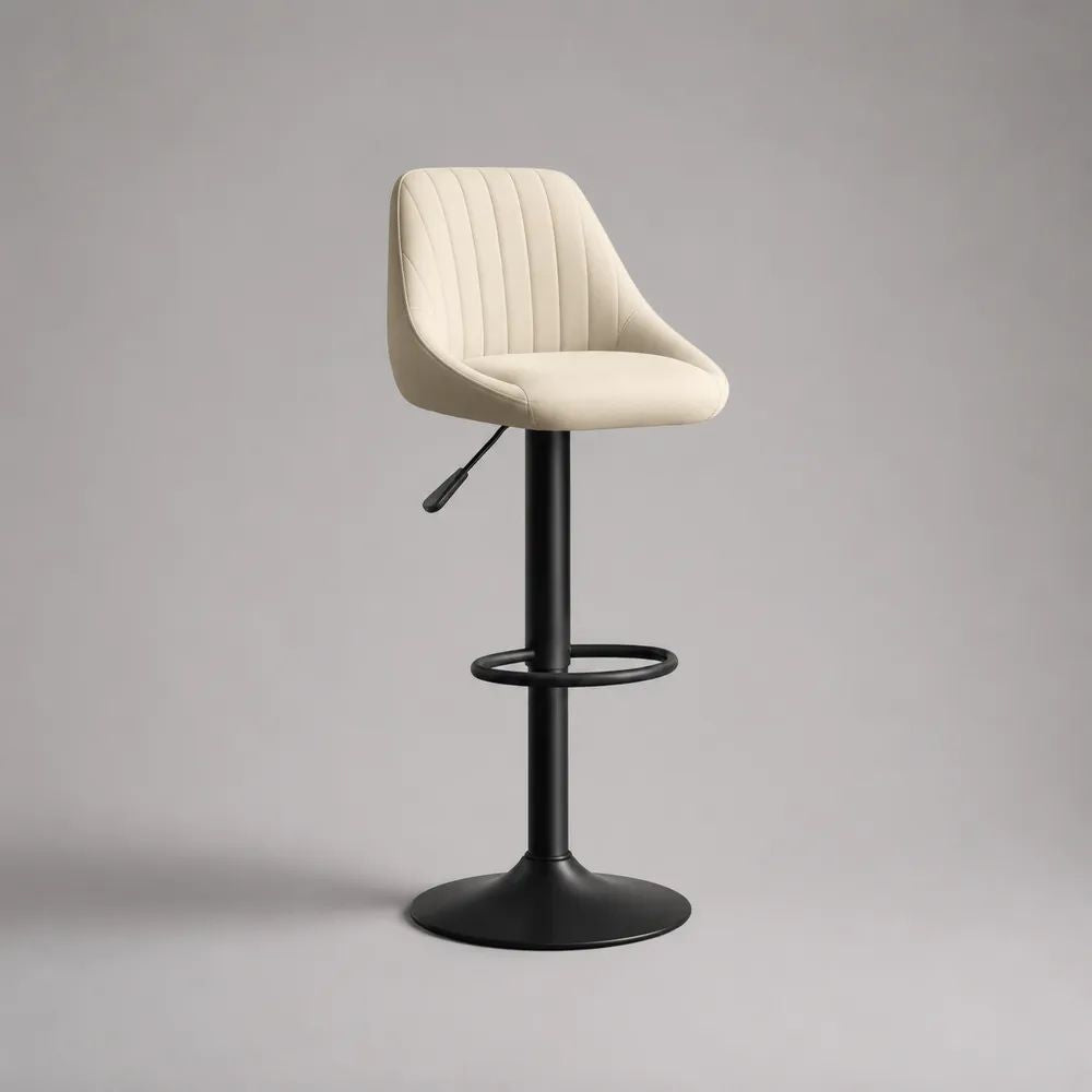 Höhenverstellbarer drehbarer Barhocker mit Rückenlehne aus PU-Kunstleder und Stahl, Creme/Schwarz, 48 × 50 × 86–107 cm