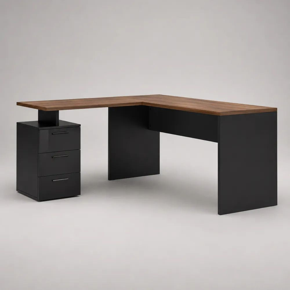 L-förmiger Eckschreibtisch aus melaminbeschichteter Spanplatte mit 3 Schubladen, Nussbaumfarben/Schwarz, 160 × 120 × 75 cm