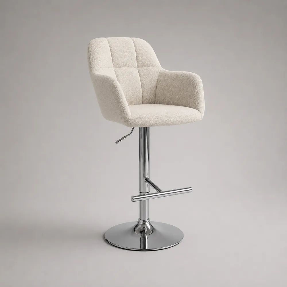 Höhenverstellbarer Barhocker mit Armlehnen, Bouclé-Polyester und verchromtem Stahl, Creme/Chrom, 53 × 52 × 92–113 cm