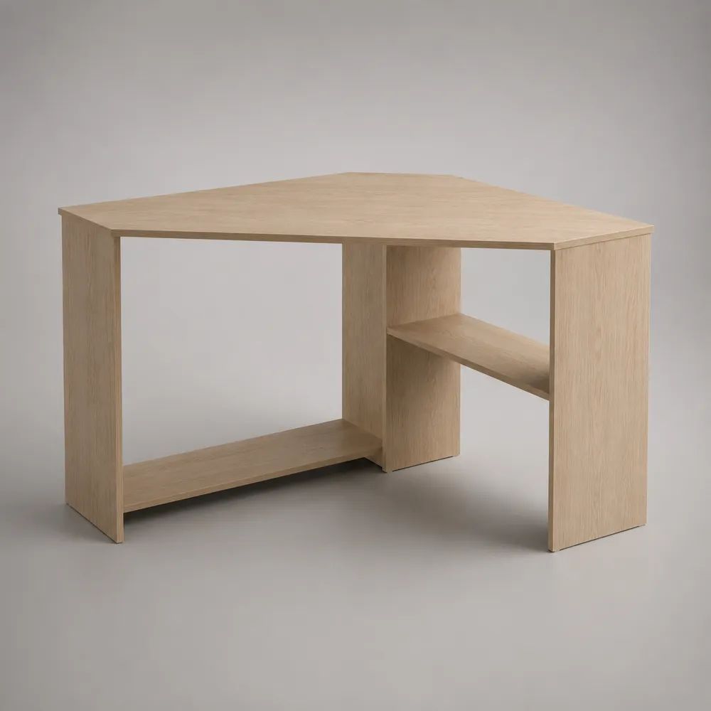 Eckschreibtisch mit 2 Ablagen aus melaminbeschichteter Spanplatte, Eichefarben, 120 x 90 x 75 cm