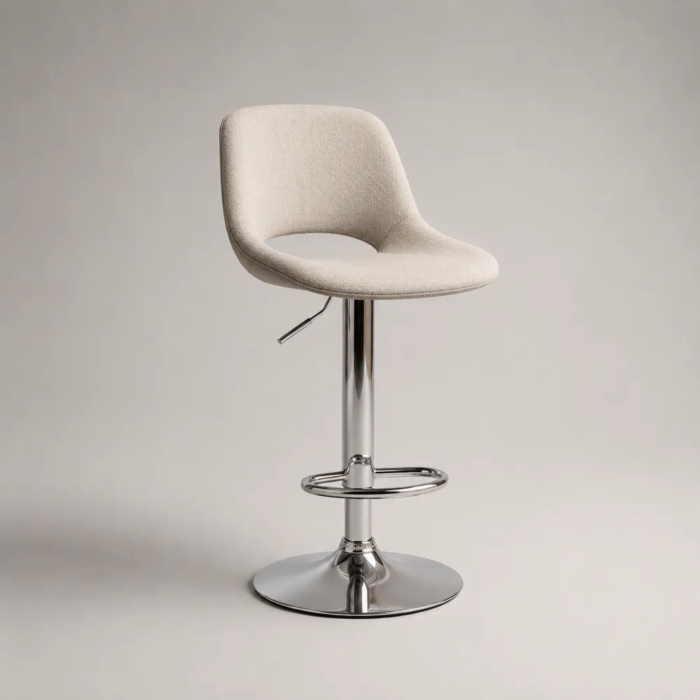 Höhenverstellbarer Barhocker mit Rückenlehne aus Stoff und verchromtem Stahl, Creme/Silber, 48 × 50 × 86–107 cm
