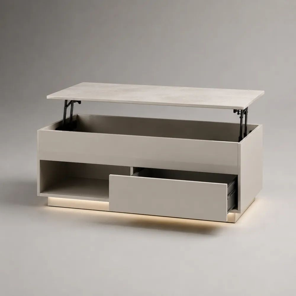 Rechteckiger Couchtisch aus MDF mit Hubfunktion, Schublade, Ablagefach und LED-Beleuchtung, 100 × 50 × 50 cm, Weiß/Grau
