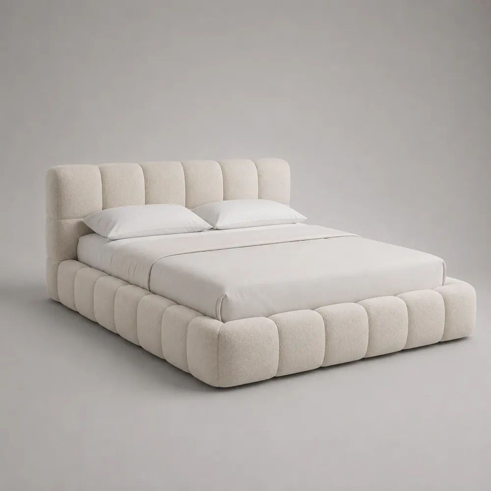 Stauraum-Polsterbett mit Bettkasten und Lattenrost, Polyester-Bouclé, Cremeweiß, 230 x 235 x 110 cm, Liegefläche 180 x 200 cm