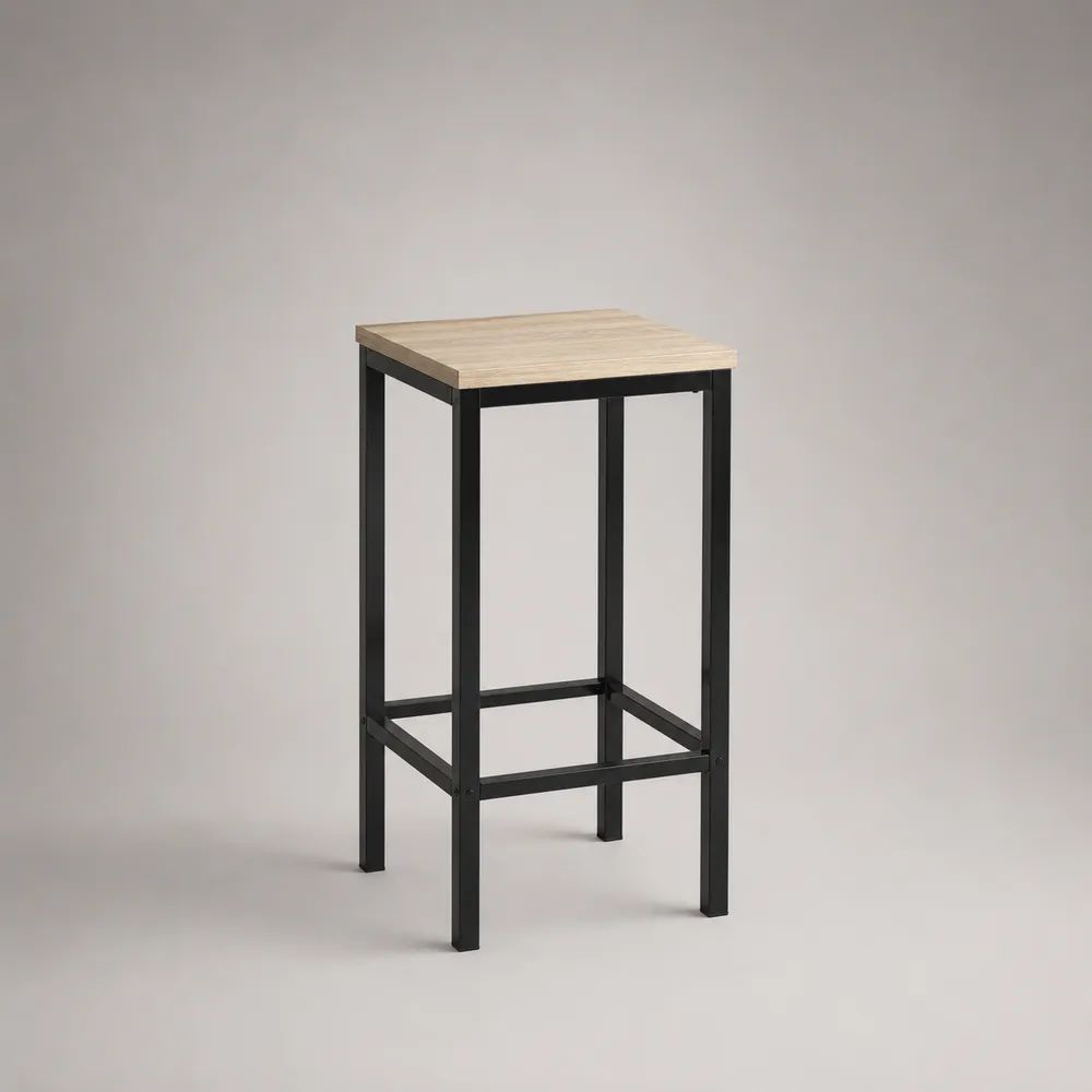Quadratischer Barhocker ohne Rückenlehne aus Stahl und MDF mit Fußstütze, Natur/Schwarz, 40 × 40 × 75 cm