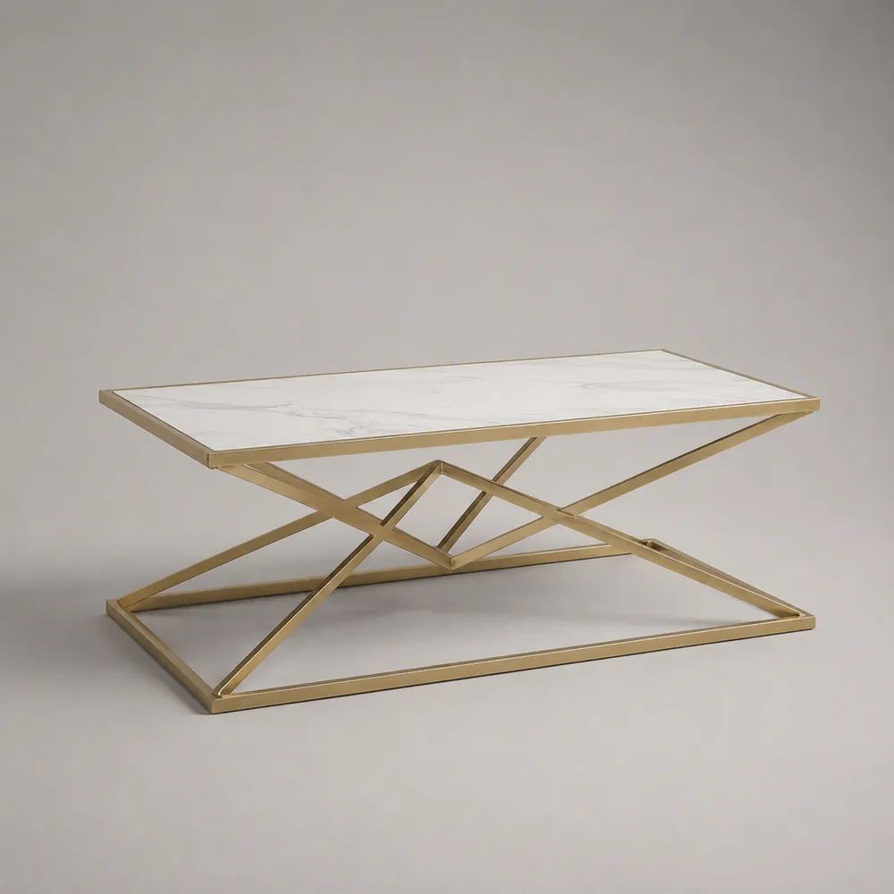Rechteckiger Couchtisch in weißer Marmoroptik mit goldenem Stahlgestell, 120 x 60 x 45 cm