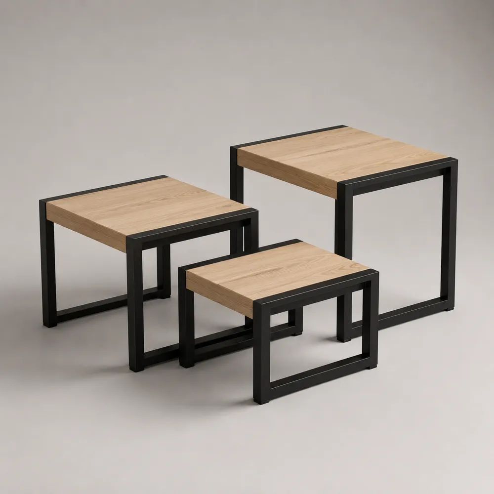 3-teiliges rechteckiges Satztisch-Set aus Holzwerkstoff und schwarzem Stahl, Eichedekor, 50 × 40 × 50 cm / 42 × 35 × 40 cm / 35 × 30 × 30 cm