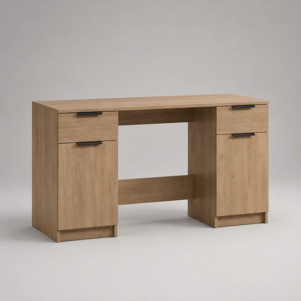 Rechteckiger Schreibtisch aus Holz mit 2 Schubladen und 2 Türen, Eichefarben/Schwarz, 120 × 50 × 75 cm