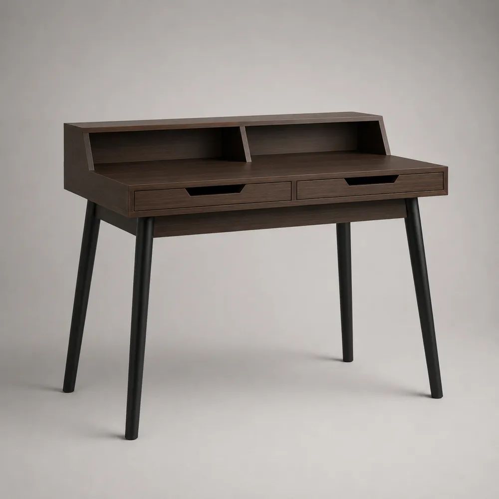 Schreibtisch aus MDF und Stahl mit 2 Schubladen und 2 Ablagefächern, Dunkelbraun/Schwarz, 100 × 50 × 90 cm