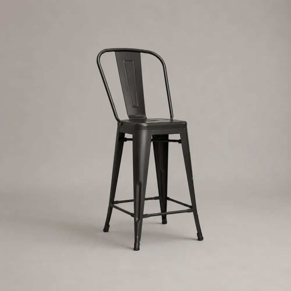 Schwarzer Barhocker aus Stahl mit Rückenlehne, 43 × 43 × 105 cm, Sitzhöhe 76 cm