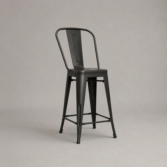 Schwarzer Barhocker aus Stahl mit Rückenlehne, 43 × 43 × 105 cm, Sitzhöhe 76 cm