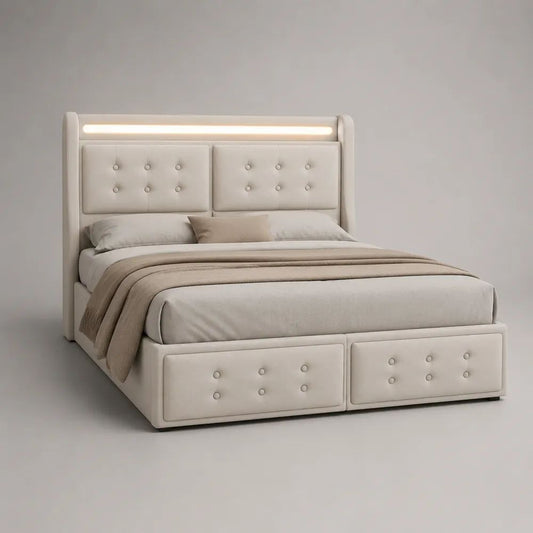 Stauraumbett Polsterbett 180 x 200 cm mit 2 Schubladen, LED-Kopfteil und Polyesterbezug, Cremeweiß