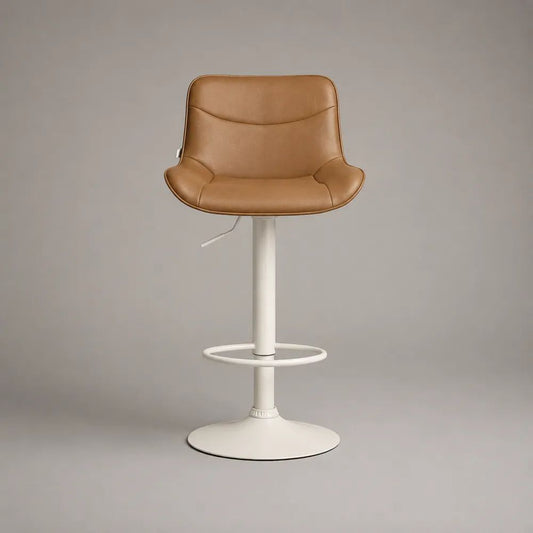 Höhenverstellbarer Barhocker aus Metall mit PU-Bezug, Rückenlehne, Fußstütze, 360° drehbar, Cognac/Weiß, 52 × 48 × 86–107 cm