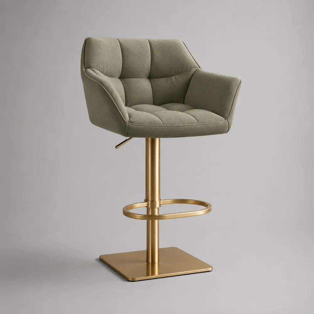 Höhenverstellbarer Barhocker aus Polyester-Samt und Stahl, Khaki/Gold, 55 × 52 × 88–108 cm, mit Armlehnen, Rückenlehne und 360°-Drehfunktion