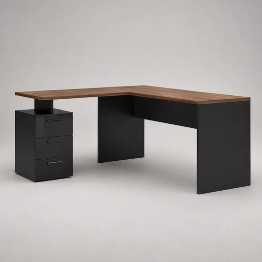 L-förmiger Eckschreibtisch aus melaminbeschichteter Spanplatte mit 3 Schubladen, Nussbaumfarben/Schwarz, 160 × 120 × 75 cm