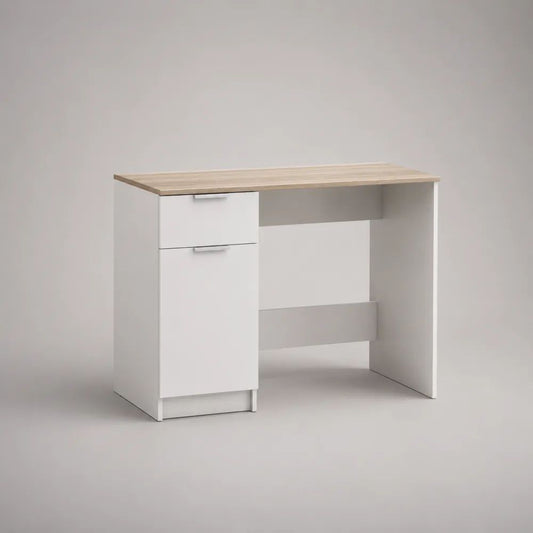 Schreibtisch aus Spanplatte mit Schublade und Schrankfach, rechteckig, Weiß/Eichefarben/Silberfarben, 100 × 50 × 75 cm