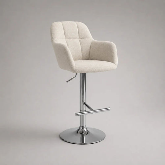 Höhenverstellbarer Barhocker mit Armlehnen, Bouclé-Polyester und verchromtem Stahl, Creme/Chrom, 53 × 52 × 92–113 cm