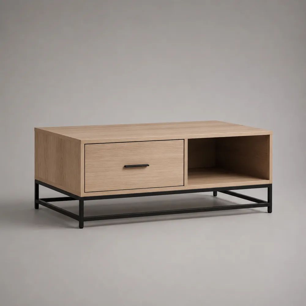 Rechteckiger Couchtisch aus MDF mit Eichenfurnier und Stahlgestell, Schublade und Ablagefach, Eiche Natur/Schwarz, 100 × 55 × 45 cm