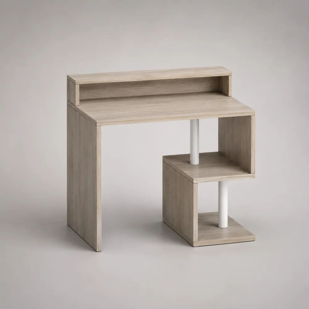 Rechteckiger Schreibtisch mit Ablagen aus Holz und Metall, Hellgrau/Weiß, 100 × 50 × 90 cm