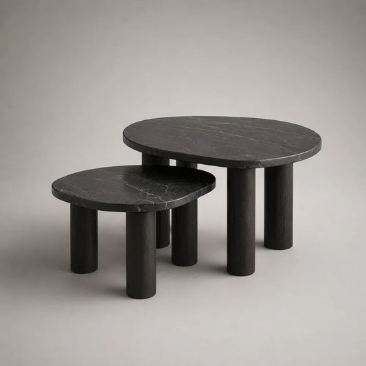 2-teiliges Couchtisch-Set aus Holz, Schwarz in Marmoroptik, 80 × 50 × 45 cm und 60 × 40 × 35 cm