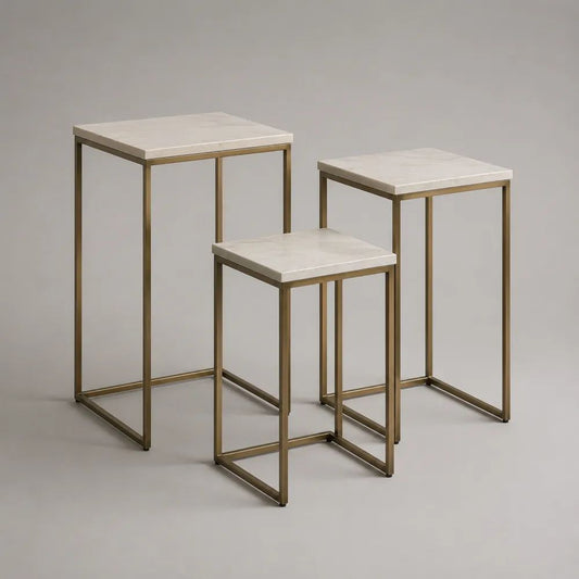 Beistelltische 3er-Set, quadratische Satztische aus MDF und Stahl, Cremeweiß/Gold, 40 × 40 × 65 cm, 35 × 35 × 55 cm und 30 × 30 × 45 cm