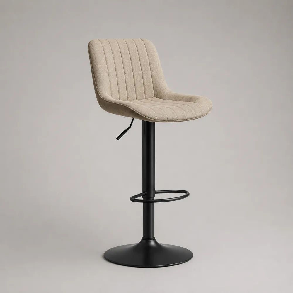 Höhenverstellbarer Barhocker mit Stoffbezug und Stahlgestell, 360° drehbar, Beige/Schwarz, 49 × 52 × 85–106 cm