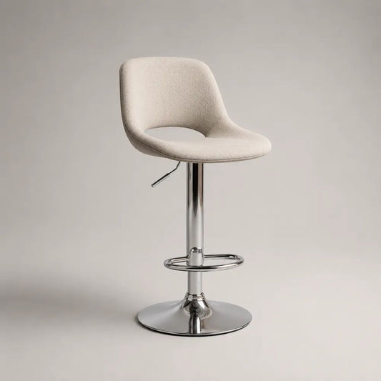 Höhenverstellbarer Barhocker mit Rückenlehne aus Stoff und verchromtem Stahl, Creme/Silber, 48 × 50 × 86–107 cm