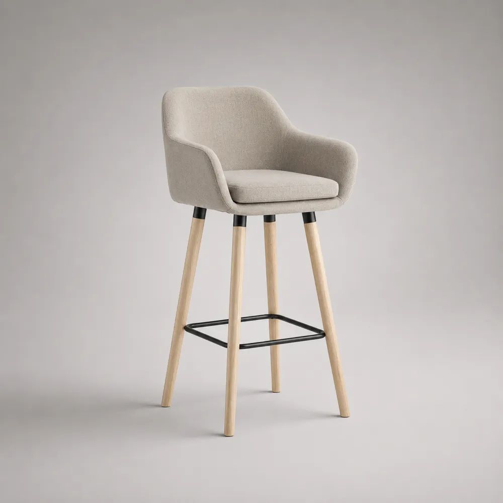 Gepolsterter Barhocker mit Armlehnen, Polyesterbezug, Buchenmassivholzbeinen und Stahlfußstütze, Beige/Natur/Schwarz, 55 × 56 × 105 cm, Sitzhöhe 75 cm