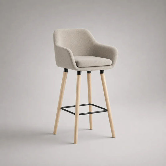 Gepolsterter Barhocker mit Armlehnen, Polyesterbezug, Buchenmassivholzbeinen und Stahlfußstütze, Beige/Natur/Schwarz, 55 × 56 × 105 cm, Sitzhöhe 75 cm