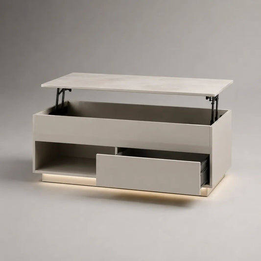 Rechteckiger Couchtisch aus MDF mit Hubfunktion, Schublade, Ablagefach und LED-Beleuchtung, 100 × 50 × 50 cm, Weiß/Grau