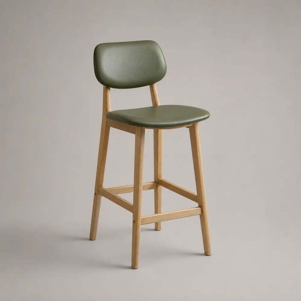 Barhocker mit Rückenlehne aus PU-Kunstleder und massivem Gummibaumholz, Olivgrün/Natur, 47 × 52 × 98 cm, Sitzhöhe 67 cm