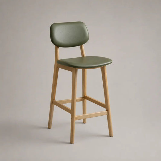Barhocker mit Rückenlehne aus PU-Kunstleder und massivem Gummibaumholz, Olivgrün/Natur, 47 × 52 × 98 cm, Sitzhöhe 67 cm