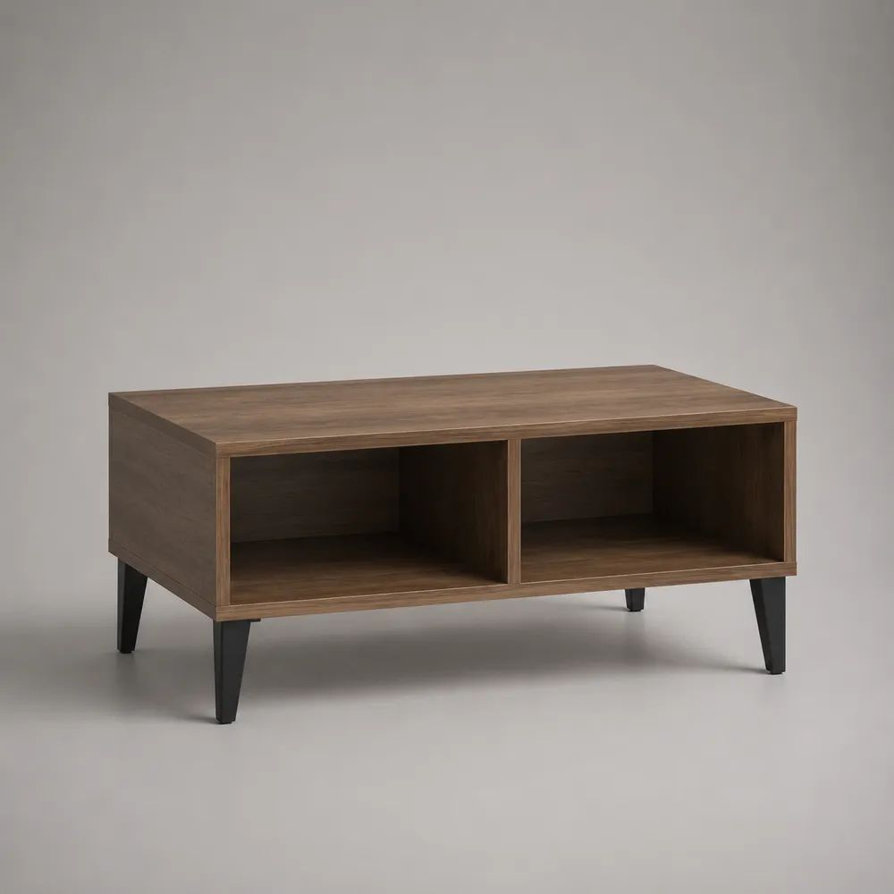 Rechteckiger Couchtisch aus Spanplatte mit 2 offenen Fächern, Walnussbraun/Schwarz, 90 × 50 × 45 cm