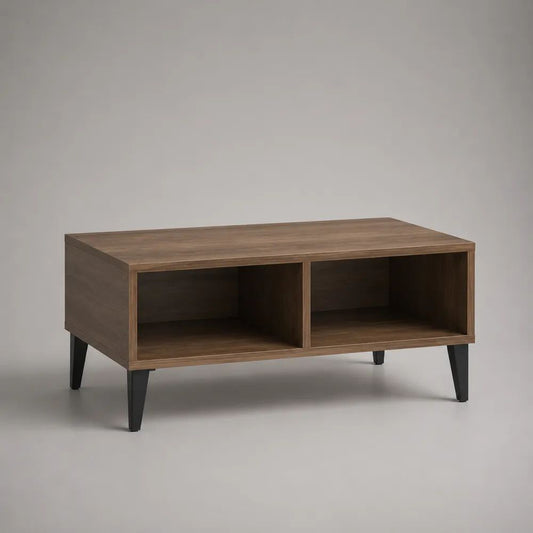 Rechteckiger Couchtisch aus Spanplatte mit 2 offenen Fächern, Walnussbraun/Schwarz, 90 × 50 × 45 cm