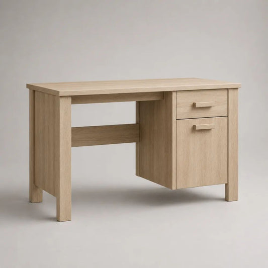 Rechteckiger Schreibtisch aus Spanplatte mit Schublade und Schrankfach, Eiche Natur, 100 x 50 x 75 cm