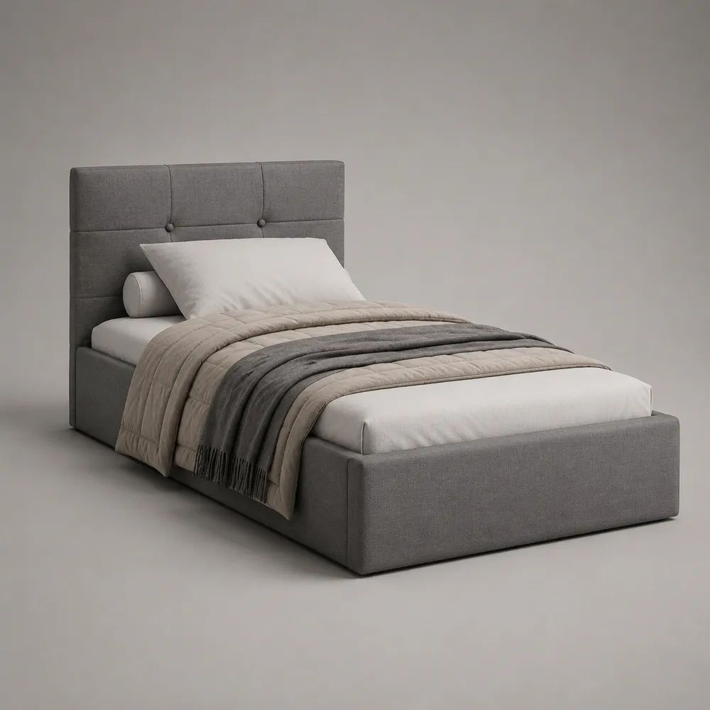 Polsterbett mit Bettkasten und Lattenrost, Liegefläche 90 × 200 cm, Grau, Polyester und MDF
