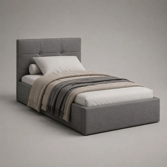 Polsterbett mit Bettkasten und Lattenrost, Liegefläche 90 × 200 cm, Grau, Polyester und MDF