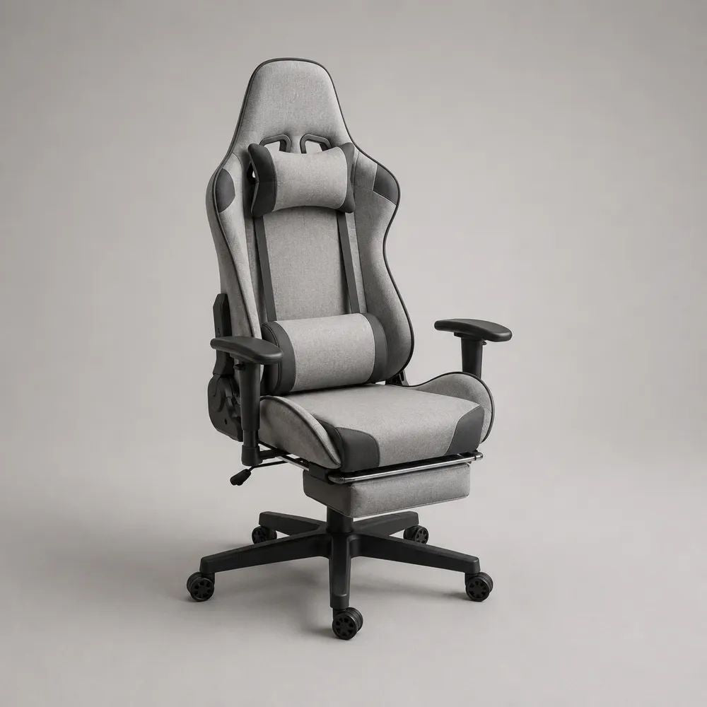 Gamingstuhl mit Fußstütze, Hochlehner aus Polyester und PU, Grau/Schwarz, 68 × 70 × 125–135 cm