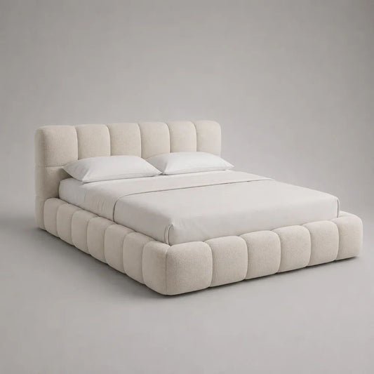 Stauraum-Polsterbett mit Bettkasten und Lattenrost, Polyester-Bouclé, Cremeweiß, 230 x 235 x 110 cm, Liegefläche 180 x 200 cm