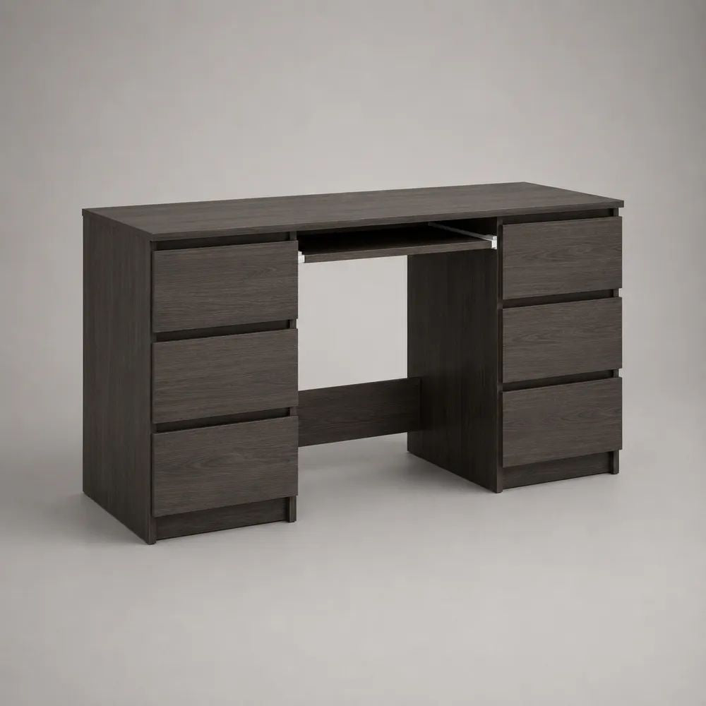 Schreibtisch aus Holz mit 6 Schubladen und Tastaturauszug, Dunkelbraun, 120 x 50 x 75 cm