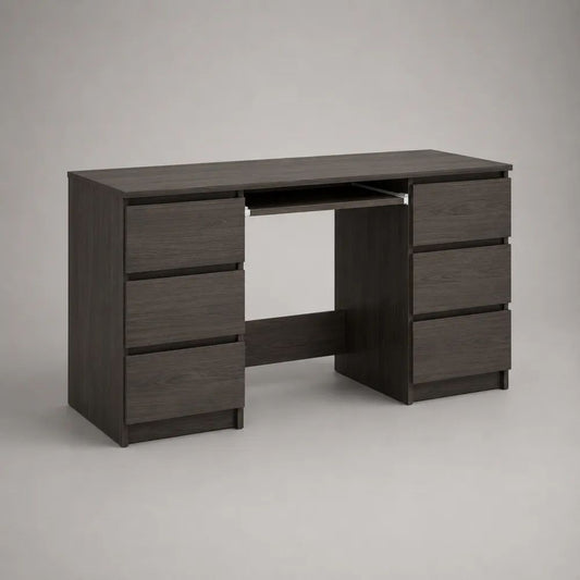 Schreibtisch aus Holz mit 6 Schubladen und Tastaturauszug, Dunkelbraun, 120 x 50 x 75 cm