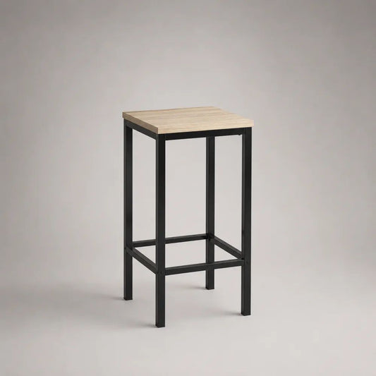 Quadratischer Barhocker ohne Rückenlehne aus Stahl und MDF mit Fußstütze, Natur/Schwarz, 40 × 40 × 75 cm