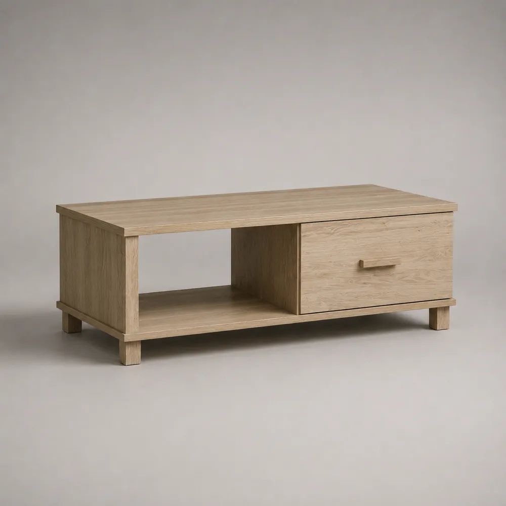 Rechteckiger Couchtisch aus melaminharzbeschichteter Spanplatte mit Schublade und Ablage, Eiche Natur, 100 × 55 × 45 cm
