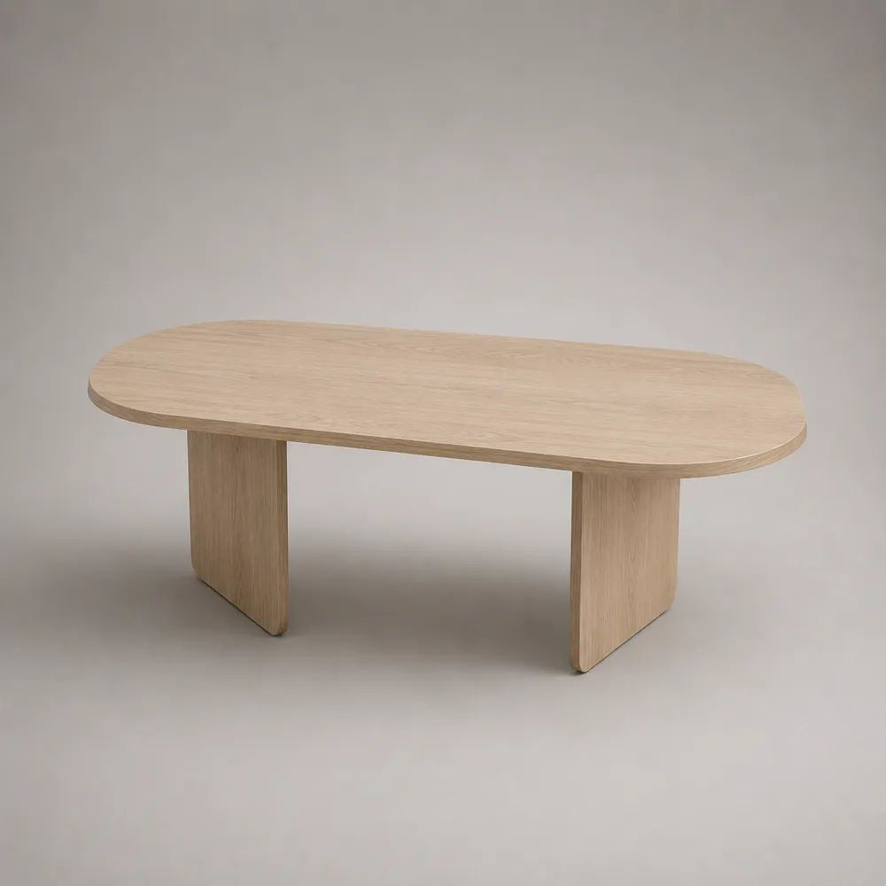 Rechteckiger Couchtisch aus MDF mit Eichenfurnier, abgerundete Seiten, Hellbraun, 120 × 60 × 42 cm