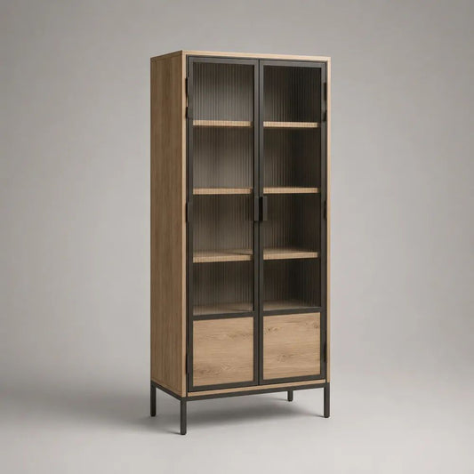 Vitrine mit 2 Türen aus MDF, Stahl und Glas, Eichefarben/Schwarz/Rauchgrau, 80 × 40 × 180 cm