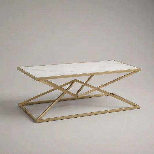 Rechteckiger Couchtisch in weißer Marmoroptik mit goldenem Stahlgestell, 120 x 60 x 45 cm