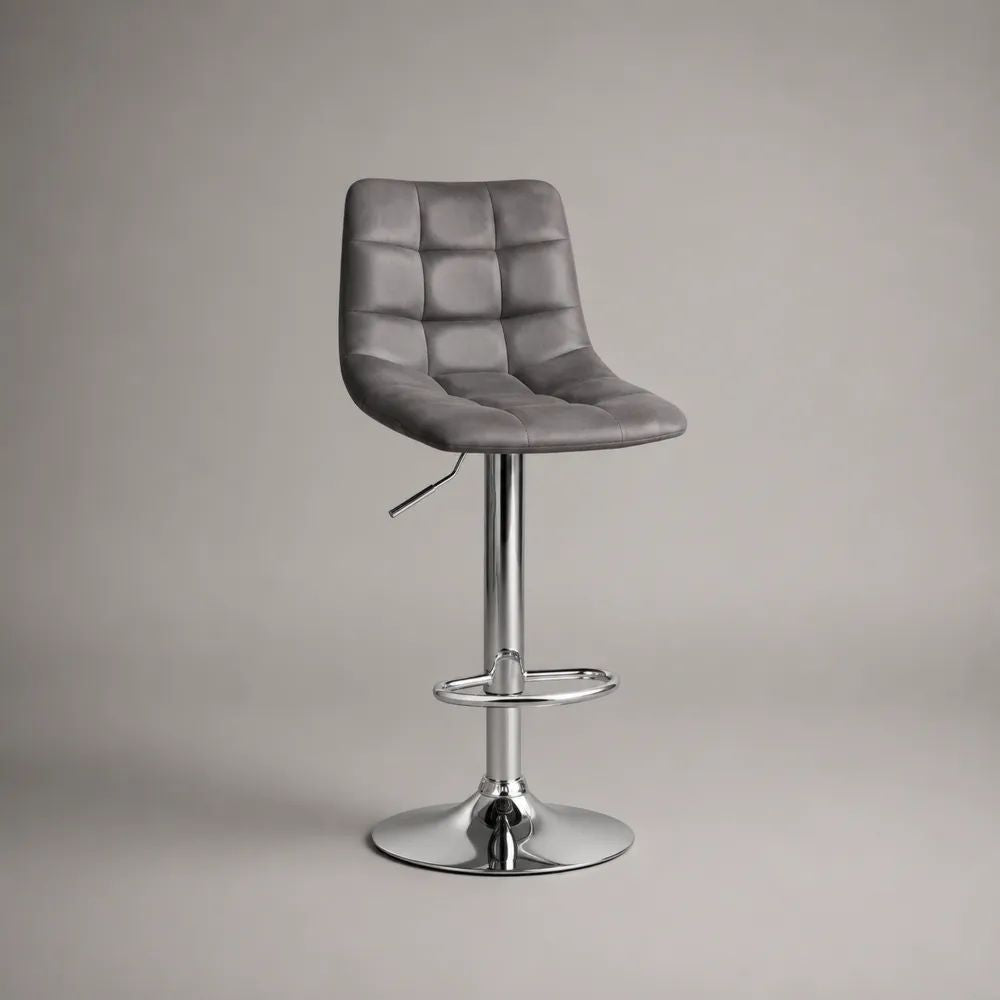 Höhenverstellbarer Barhocker aus Metall und Kunstleder, 360° drehbar, mit Rückenlehne und Fußstütze, Grau/Silber, 46 × 48 × 86–107 cm